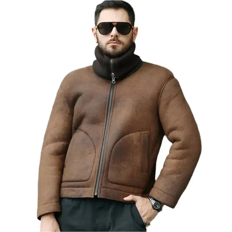 Mens Brown Shearling Lapel Sheepskin Jacket - Riders Republic UK