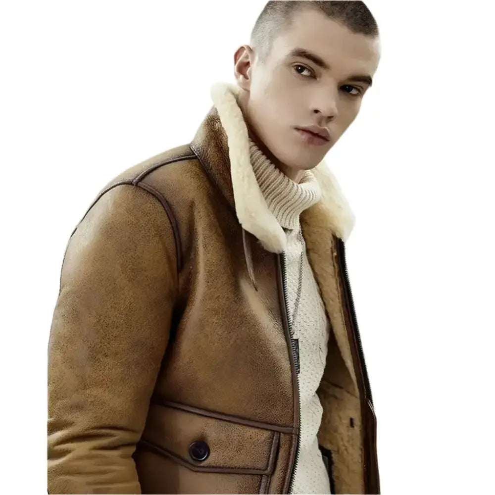 Mens Brown Shearling Lapel Jacket - Riders Republic UK