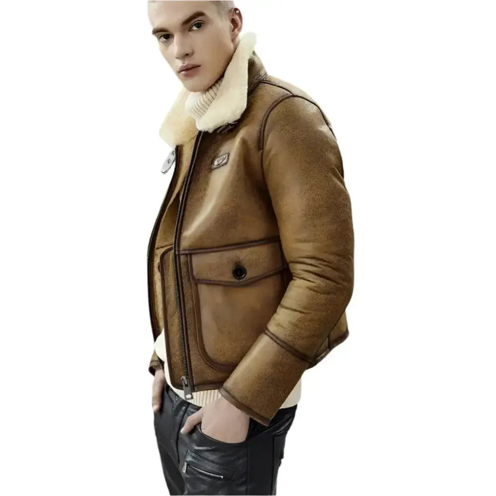 Mens Brown Shearling Lapel Jacket - Riders Republic UK