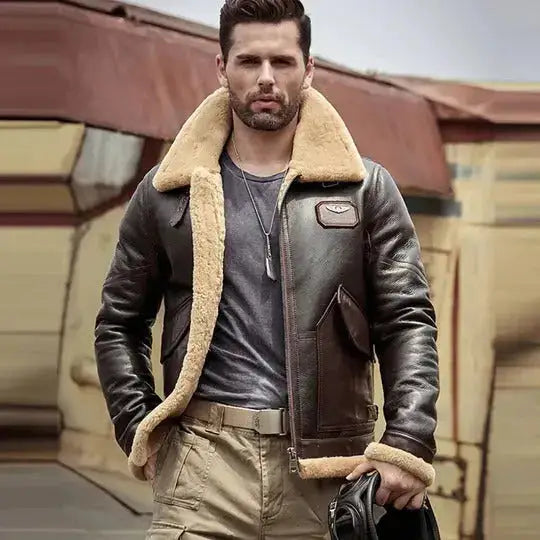 Men’s brown sheepskin shearling coat with B3 flight jacket styling