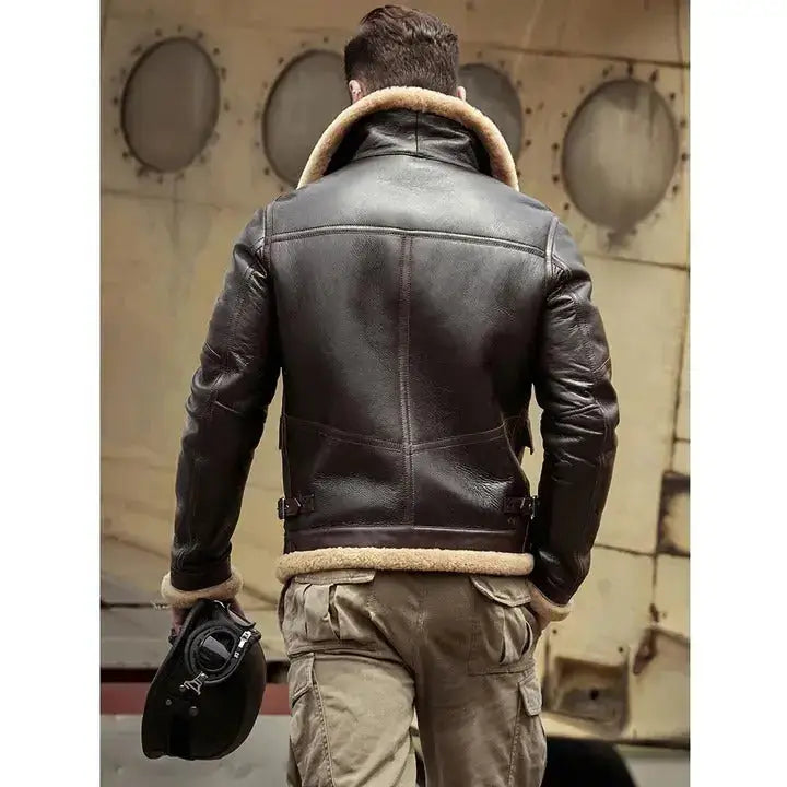 Men’s shearling leather coat for winter with vintage B3 pilot jacket style