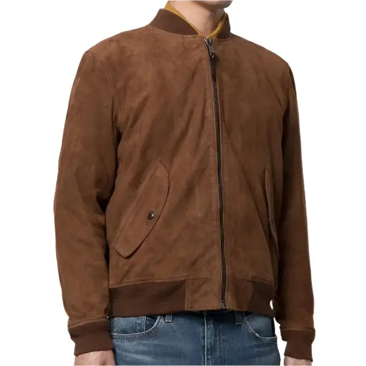 Mens Brown Suede Leather Bomber Jacket - Riders Republic UK