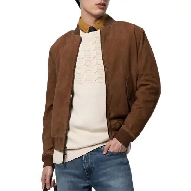 Mens Brown Suede Leather Bomber Jacket - Riders Republic UK