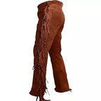 Men’s suede trousers styled with boots and leather jacket