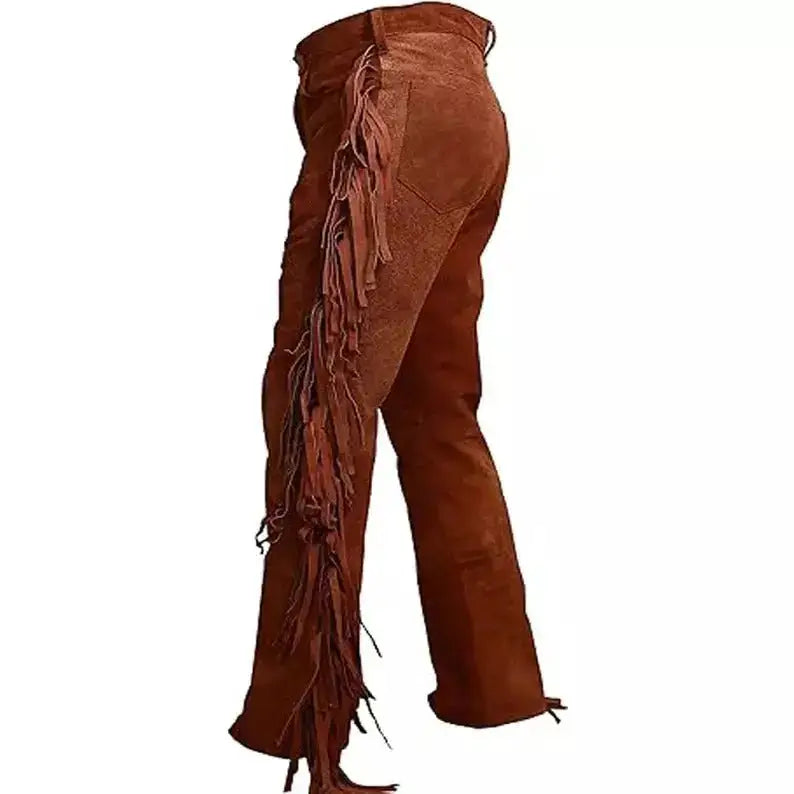 Men’s suede trousers styled with boots and leather jacket