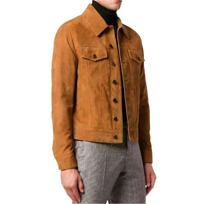 Men’s brown suede leather trucker jacket with shirt collar, button closure and vintage casual style