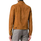 Brown suede trucker jacket for men with polyester lining, classic buttons and clean shirt jacket shape