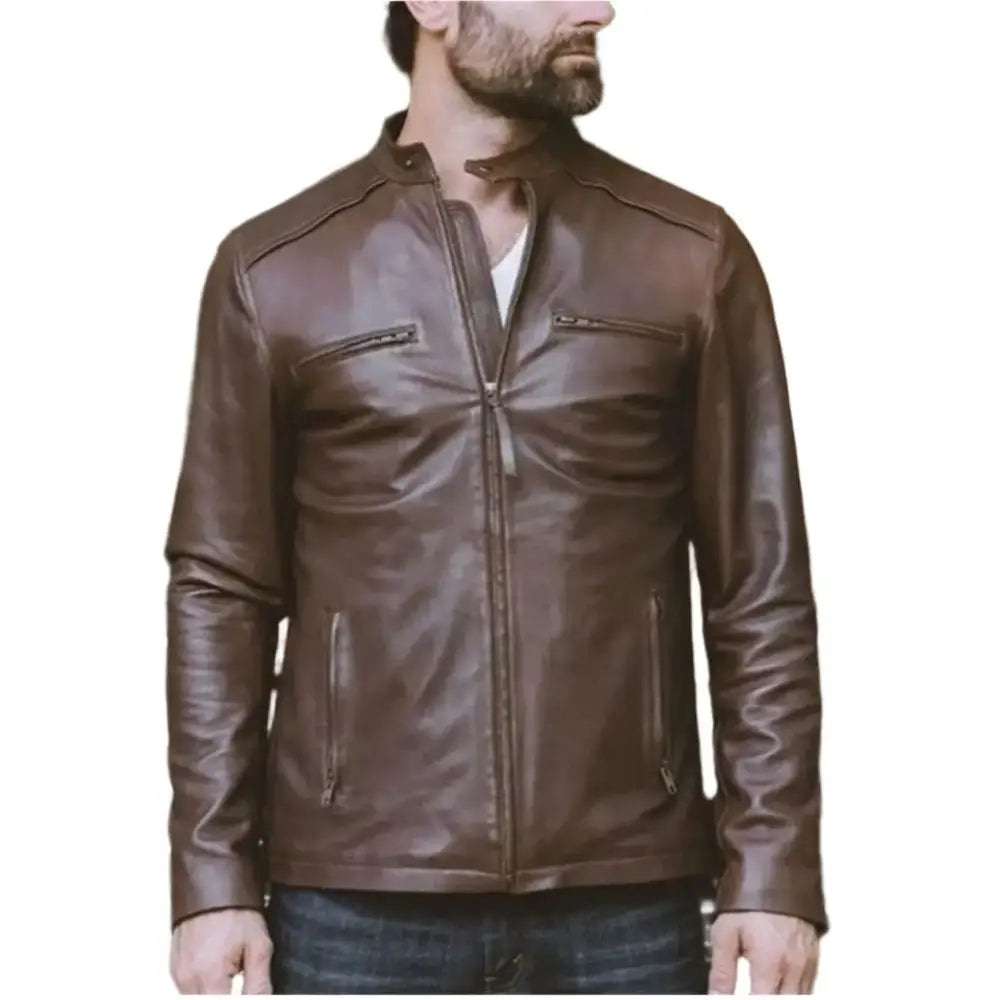 Mens Brown Thompson Leather Moto Jacket - Riders Republic UK