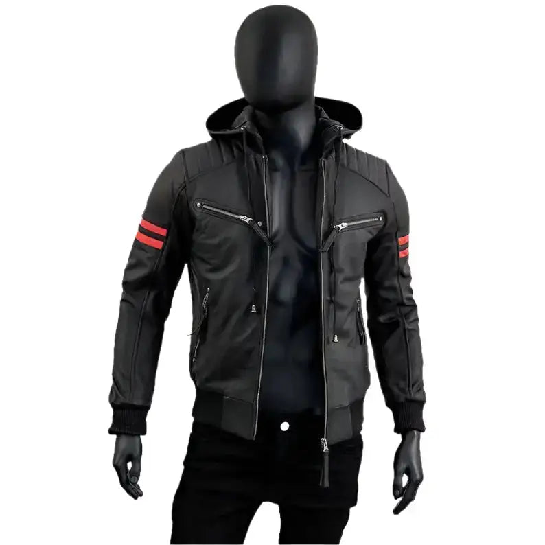 Black leather biker jacket for men with detachable hood