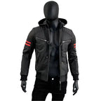 Black leather biker jacket for men with detachable hood