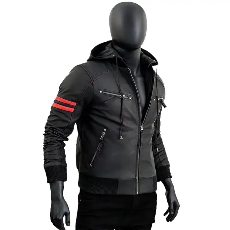 Men’s leather jacket with removable hood and zip front