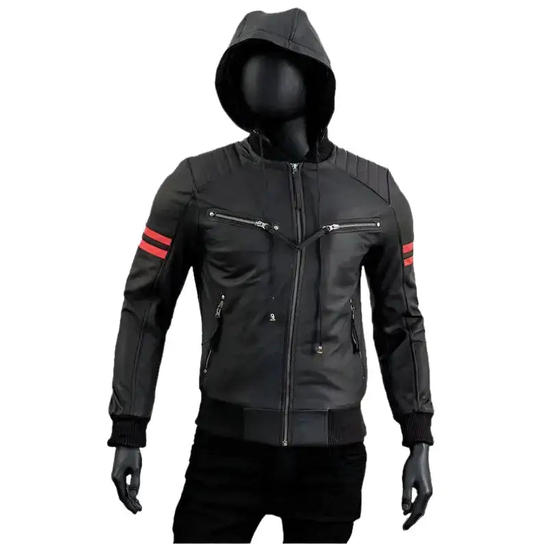 Men’s removable hood leather biker jacket in black genuine leather