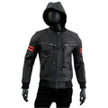 Men’s removable hood leather biker jacket in black genuine leather