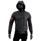 Men’s removable hood leather biker jacket in black genuine leather