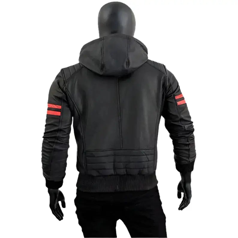 Men’s black leather jacket with detachable hood for everyday layering