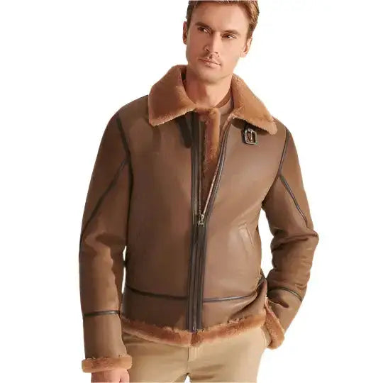 Mens Camel Brown Shearling Aviator Jacket - Riders Republic UK