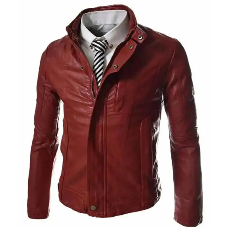 Red Faux Leather Slim Fit Jacket Mens - Riders Republic UK