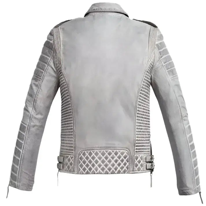 Mens Chrome White Waxed Leather Biker Jacket - Riders Republic UK