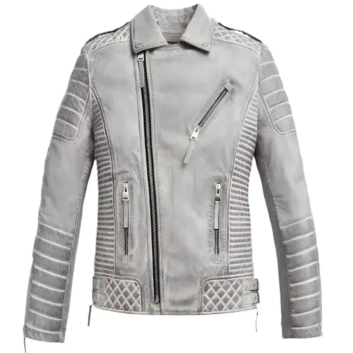 Mens Chrome White Waxed Leather Biker Jacket - Riders Republic UK