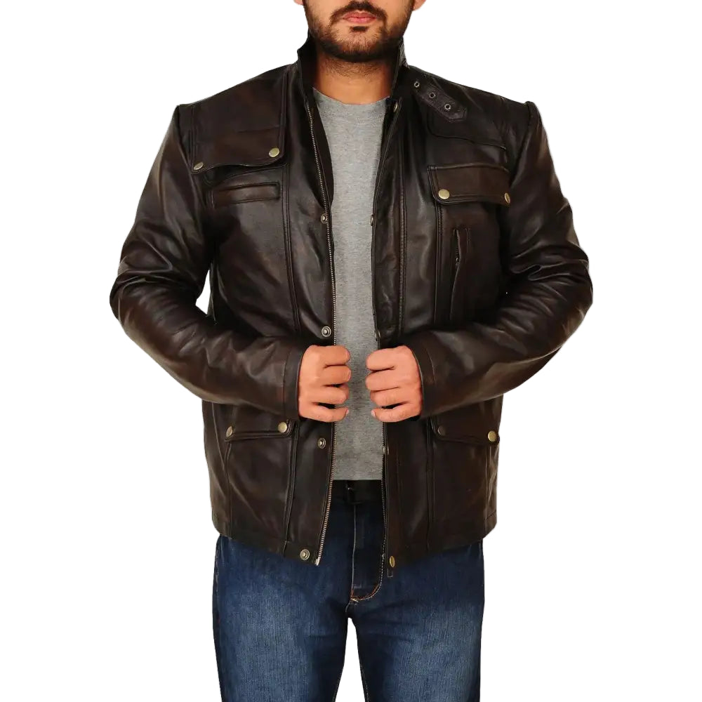 Mens Dark Brown Leather Jacket - Riders Republic UK
