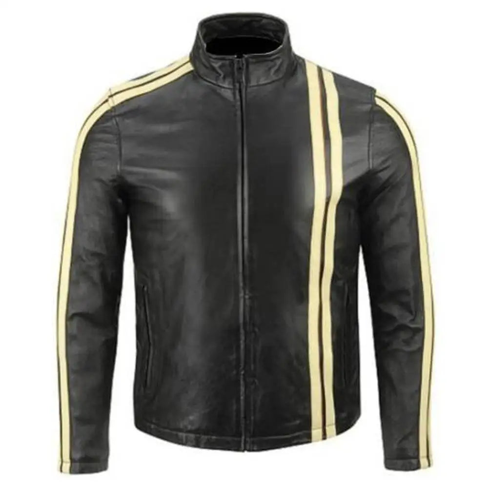 Mens Classic Motorcycle Leather Jacket Yellow Stripes - Riders Republic UK