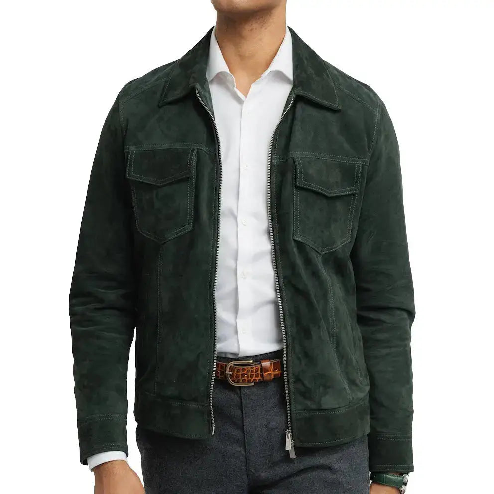 Men’s western suede trucker jacket with front pockets, zipper closure and vintage shirt jacket style