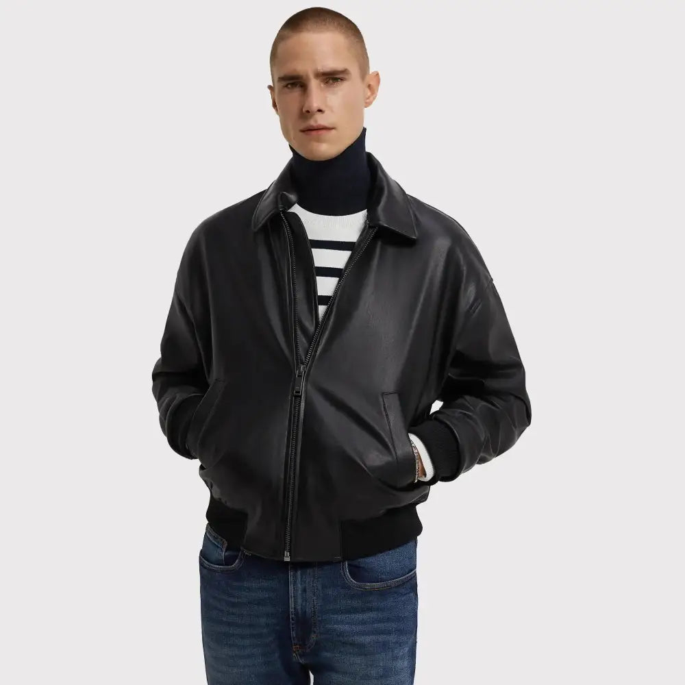 Classy Black PU Leather Bomber Jacket - Riders Republic UK