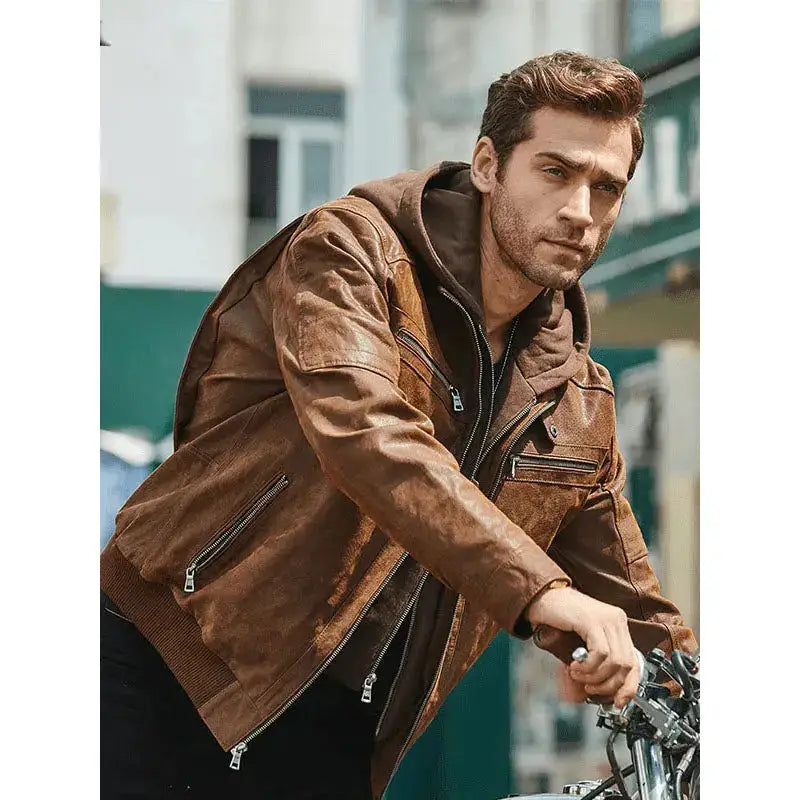 Mens Suede Leather Jacket with Hood - Riders Republic UK