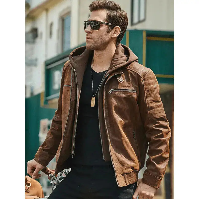 Mens Suede Leather Jacket with Hood - Riders Republic UK