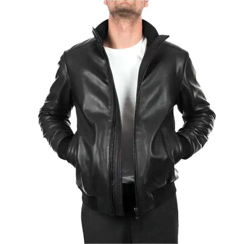 Mens Black Lambskin Leather Bomber Jacket - Riders Republic UK