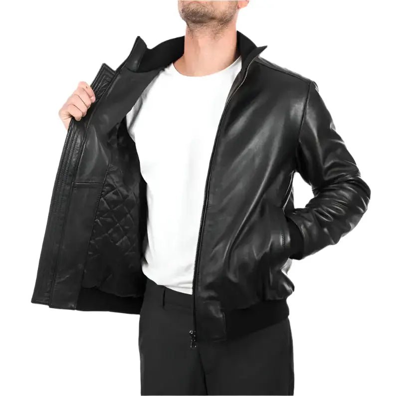 Mens Black Lambskin Leather Bomber Jacket - Riders Republic UK