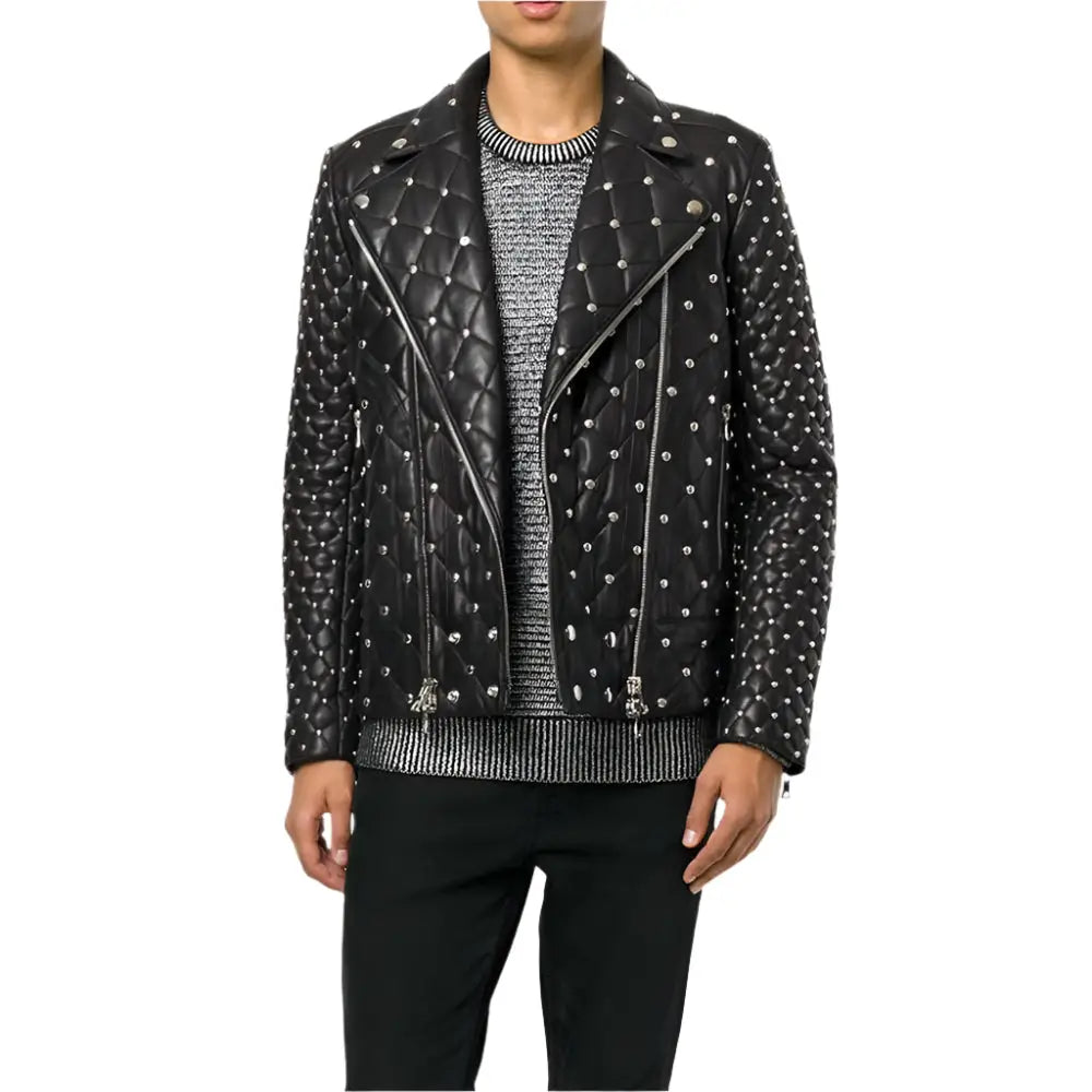 Mens Silver Studded Leather Jacket - Riders Republic UK