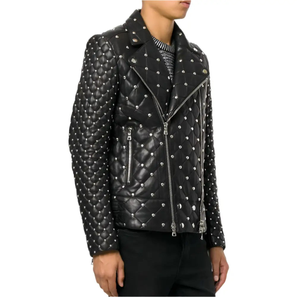 Mens Silver Studded Leather Jacket - Riders Republic UK