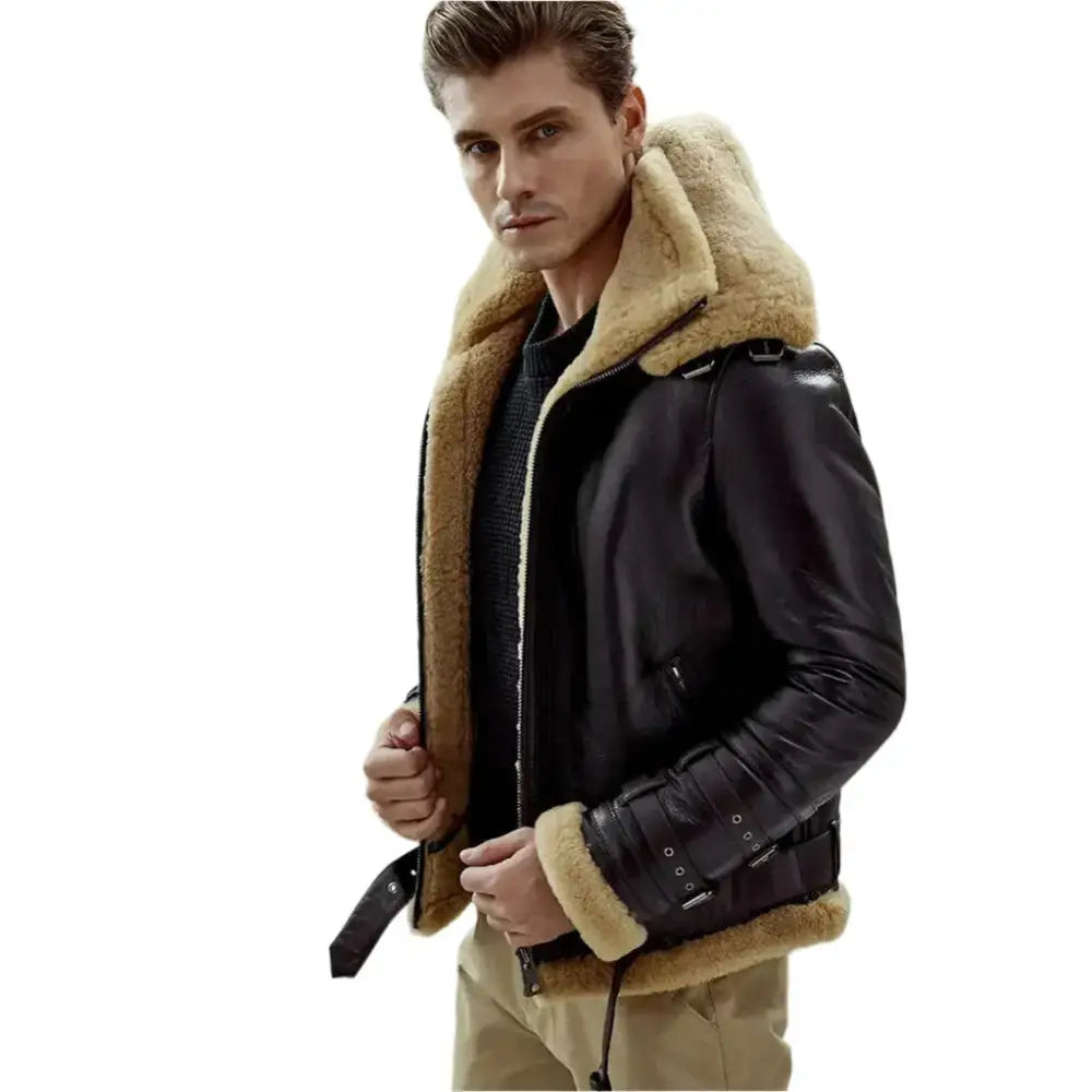 Mens Dark Brown B3 Bomber Shearling Jacket - Riders Republic UK