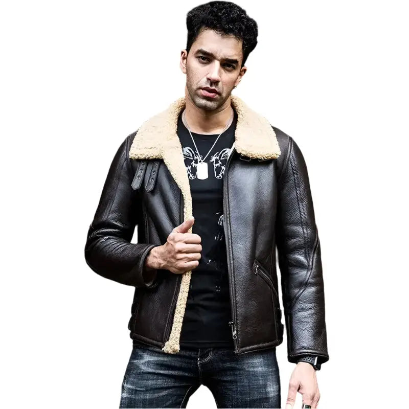 Mens Dark Brown Shearling Leather Jacket - Riders Republic UK