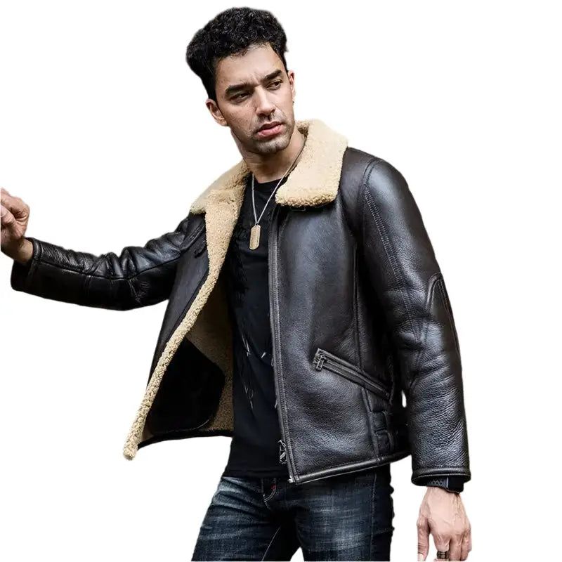 Mens Dark Brown Shearling Leather Jacket - Riders Republic UK