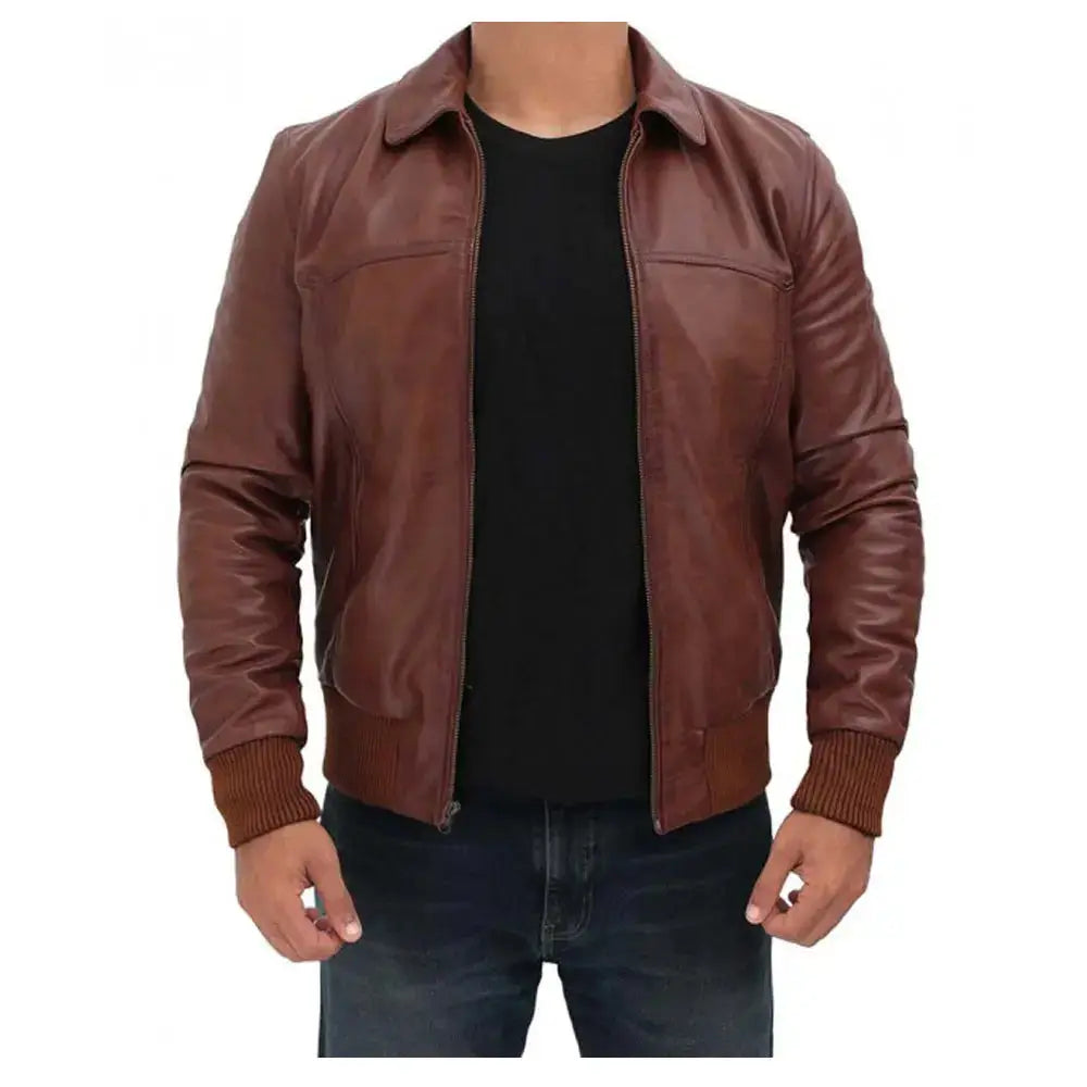 Mens Dark Brown Distressed Leather Bomber Jacket - Riders Republic UK