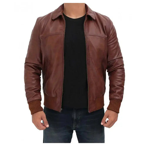 Mens Dark Brown Distressed Leather Bomber Jacket - Riders Republic UK