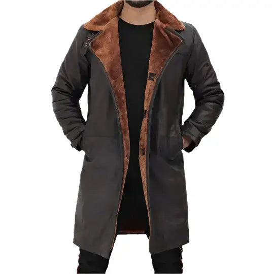 Mens Dark Brown Shearling Leather Trench Coat - Riders Republic UK