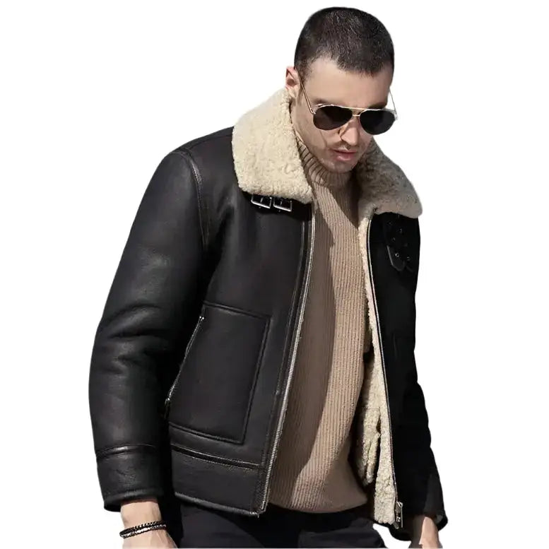 Mens Dark Brown Sheepskin Shearling Biker Jacket - Riders Republic UK