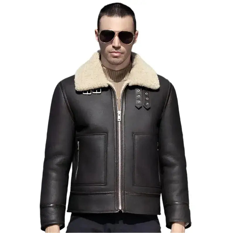 Mens Dark Brown Sheepskin Shearling Biker Jacket - Riders Republic UK