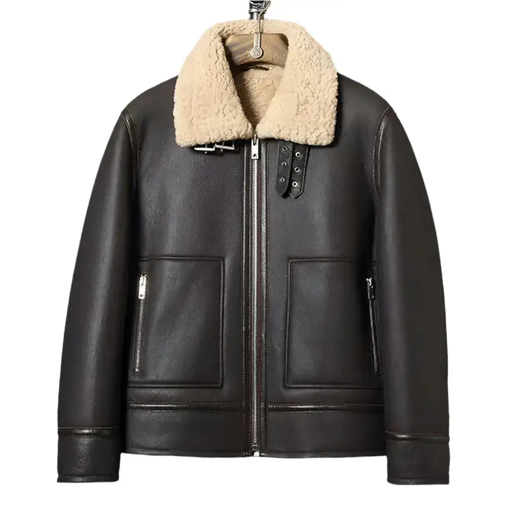Mens Dark Brown Sheepskin Shearling Biker Jacket - Riders Republic UK