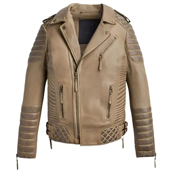 Mens Desert Brown Waxed Leather Biker Jacket - Riders Republic UK