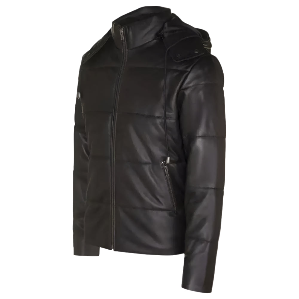 Mens Distressed Black Leather Puffer Jacket - Riders Republic UK
