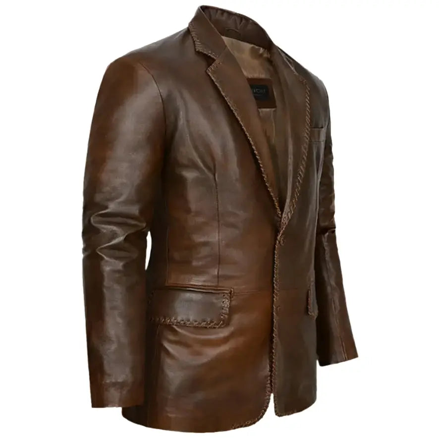 Men’s leather blazer jacket in distressed brown leather