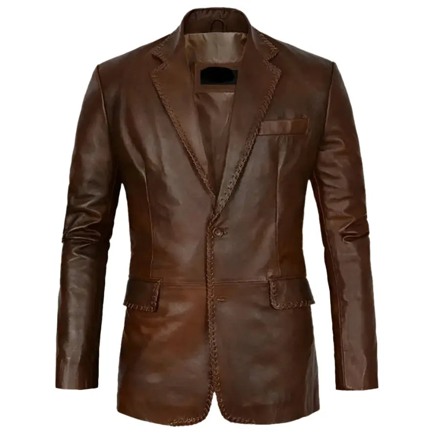 Men’s distressed brown leather blazer with vintage finish