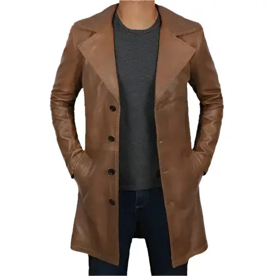 Mens Distressed Brown Leather Winter Trench Coat - Riders Republic UK