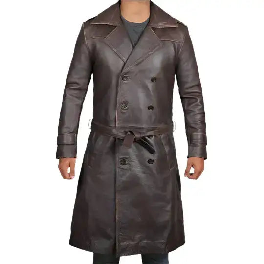 Mens Distressed Brown Leather Trench Coat - Riders Republic UK
