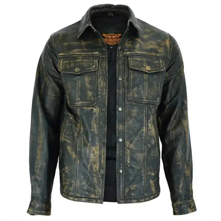 Men’s distressed lambskin leather long sleeve button up shirt with snap closure and collared neckline