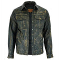 Men’s distressed lambskin leather long sleeve button up shirt with snap closure and collared neckline